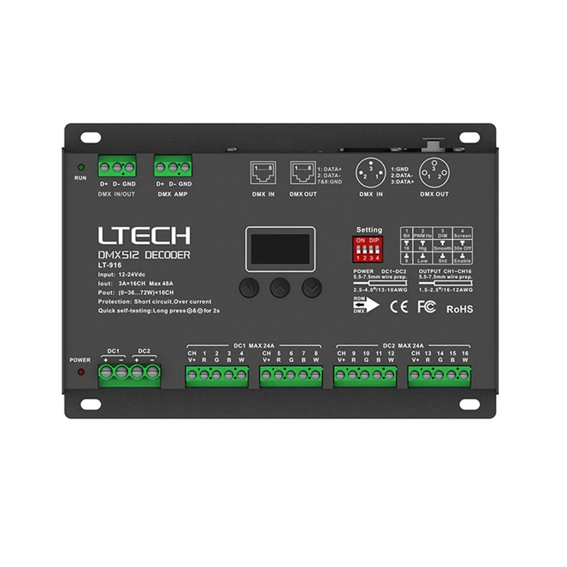 Новый светодио дный DMX-PWM декодер; DC12-24V вход; 3A * 16CH Max 48A 1152 Вт выходной XLR-3/RJ45/Зеленый терминал Порты и разъёмы 16 Декодер каналов