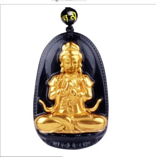 

free shipping New Bangle Bracelet High Quality Spray gold powder Black Obsidian Carved Buddha pendant