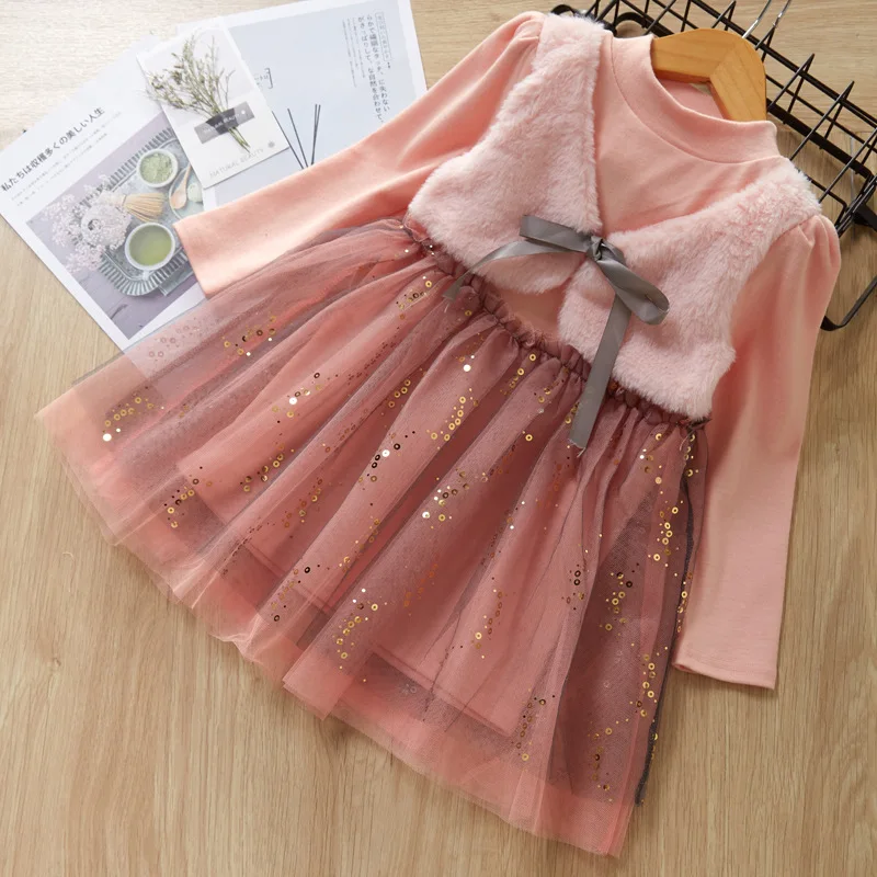 

Fashion Girls Dress 2019 New Winter Dresses Children Clothing Princess Dress Pink Long Sleeve Wool Bow Design Kids Girls Clothes