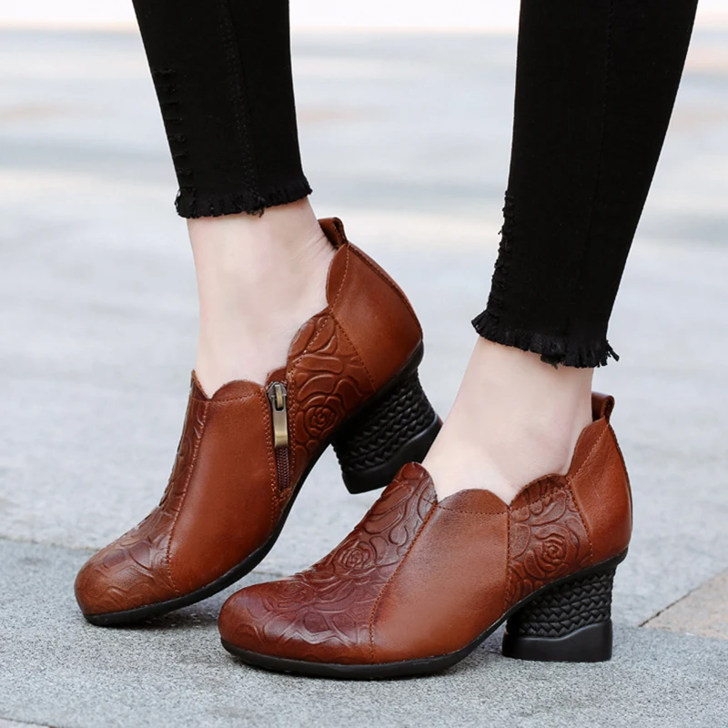 

high quality women 2019 spring autumn genuine leather high thick heels shoes female handmade office pumps nude heels 2557
