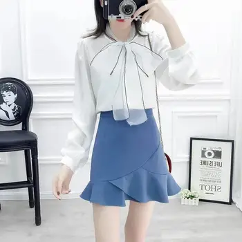

Women 2019 Spring Bow Tie Double Layer Solid Chiffon Shirt+ Dissymmetrical Mermaid Mini Skirt Suits Lady Sweet Casual Sets Z133