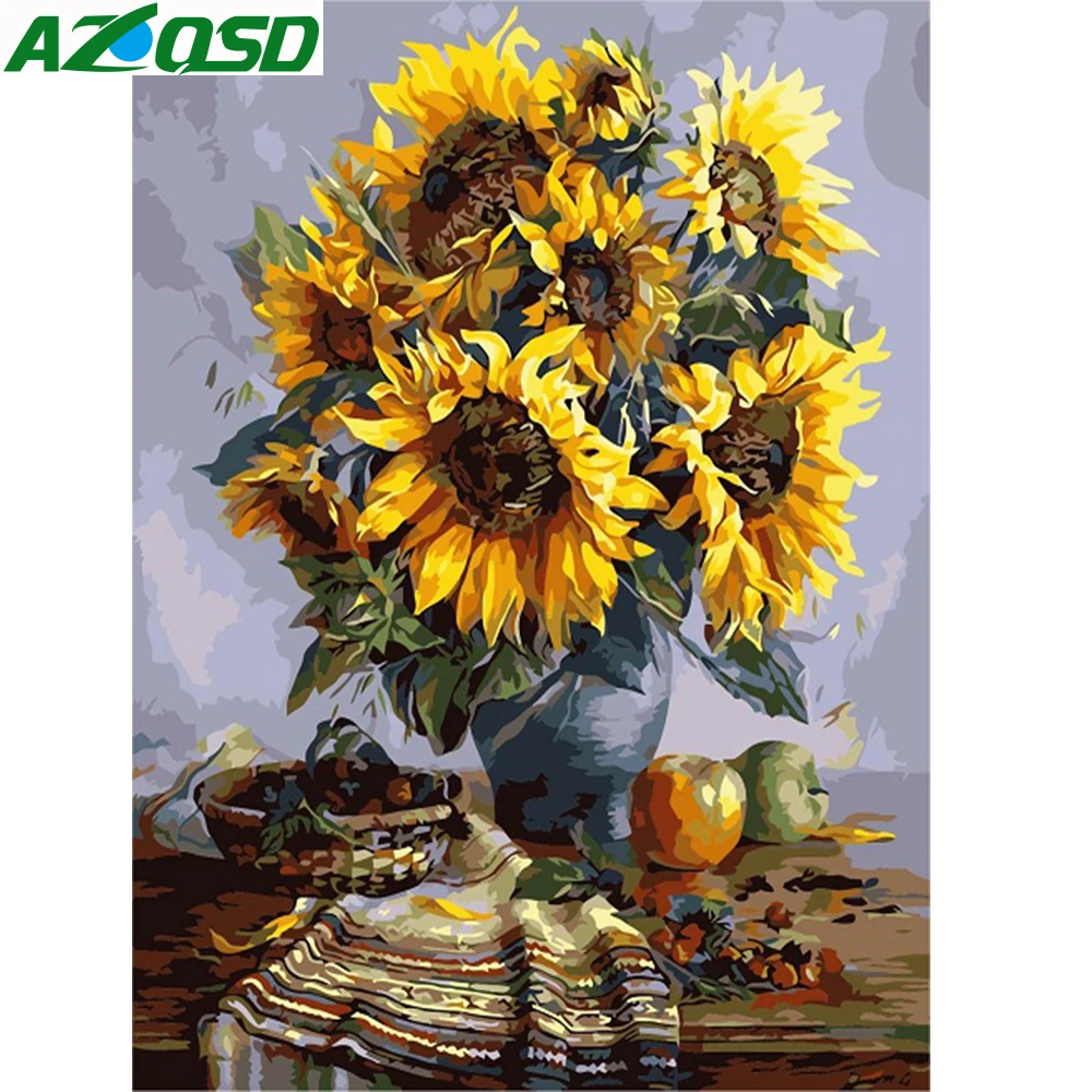 

AZQSD Sunflower DIY Painting By Numbers Paint Canvas Picture Hand Painted Oil Painting Flower In Vase Home Decoration SZYH6130