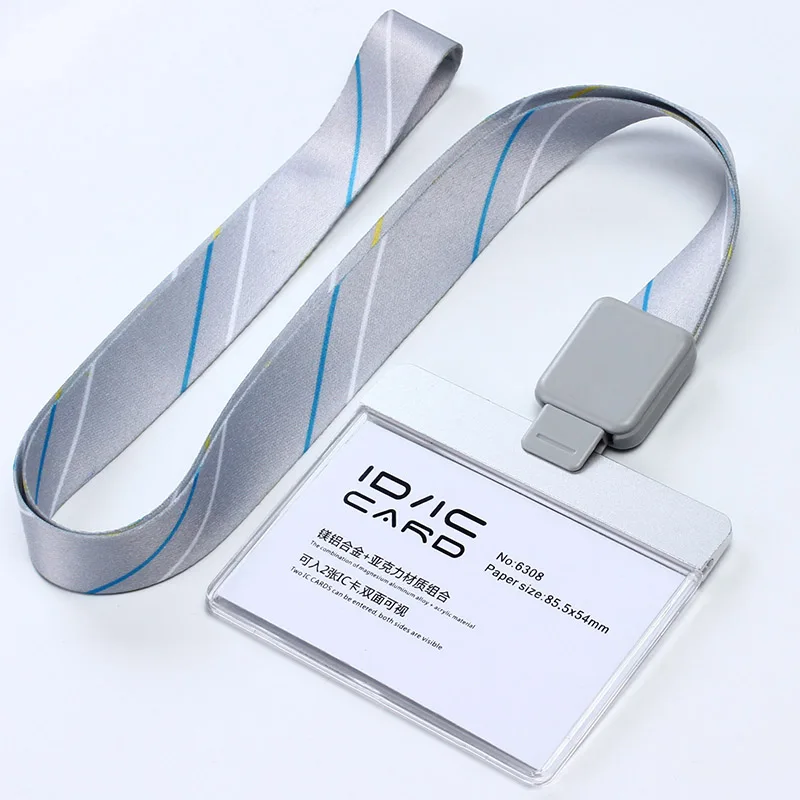 Acrylic Clear Access Card ID IC Card Badge Holder Work Card with Polyester Lanyard,Factory Price, LOGO Custom Lanyard - Цвет: H stripe silver