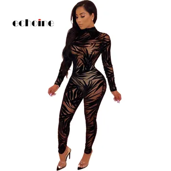 

Echoine Nightclub Sexy Jumpsuits Women Black Bamboo Leaf Long Sleeve Jumpsuit Lace Net Gauze Hollowed Out Zippers Tight Romper