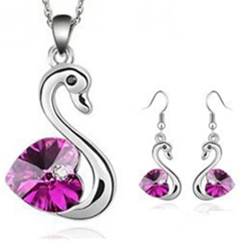 

Austrian Crystal Swan Pendant Necklace Set Crystal Swan Pendant Earrings Aretes Silver Cute Design Bijoux Chariming Wing
