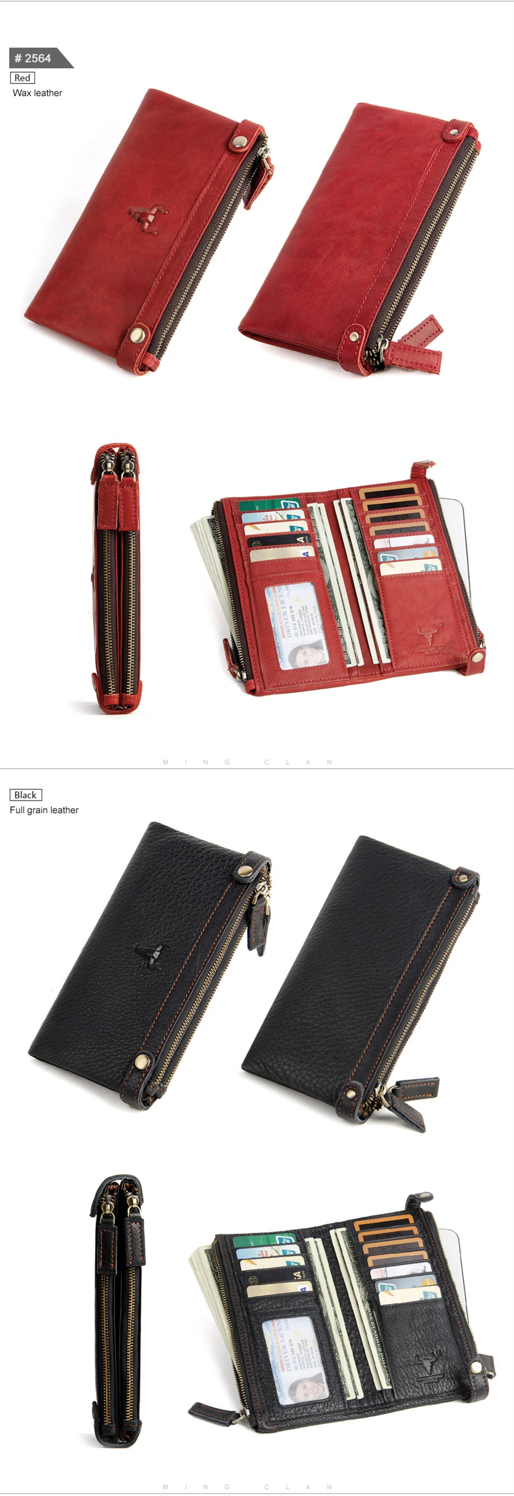 Женский кошелек, винтажный кожаный женский длинный клатч, кошелек с двумя карманами на молнии для телефона и монет