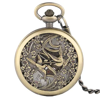 

Luxury Bronze Unisex Hollow Magpie Design Automatic Self-Wind Mechanical Pocket Watch Roman Numerals Dial Retro Pendant Gift