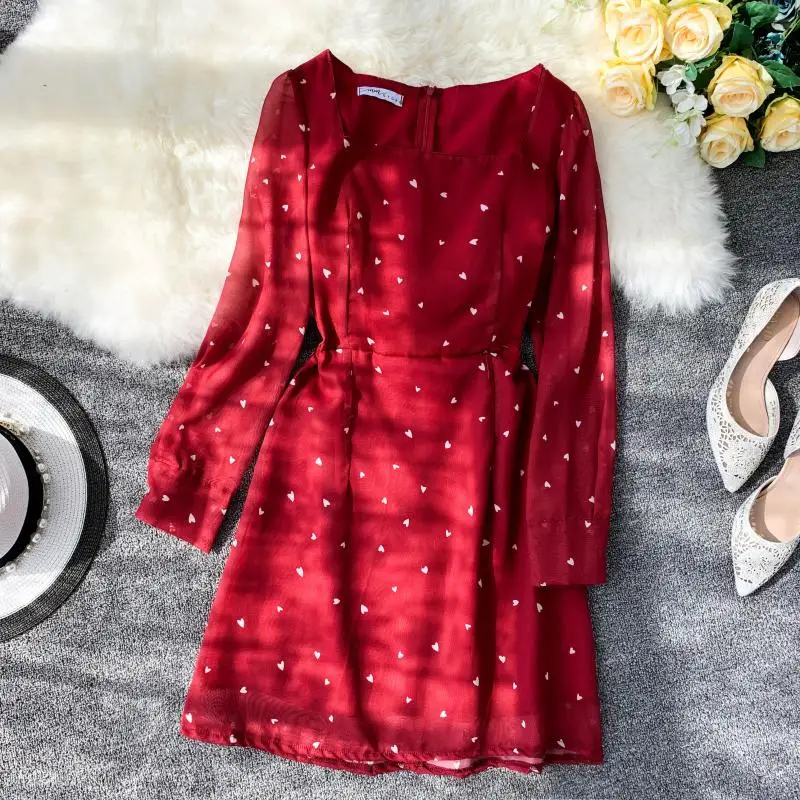 

2019 new fashion women's dresses retro love print square collar long sleeve waist slim dress