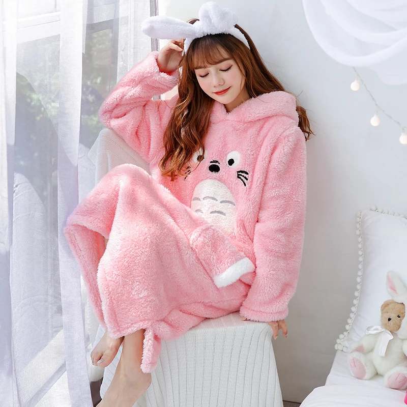 

Winter Flannel Night Skirt Women Lingeries Long Sleeve Hooded Sleepshirts Warm Plush Homewear Femme Nightgown Cartoon Sleepwear