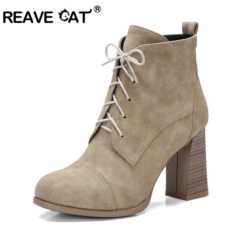 REAVE CAT Ankle boots Woman matte leather Laced up Round toe High heels ...