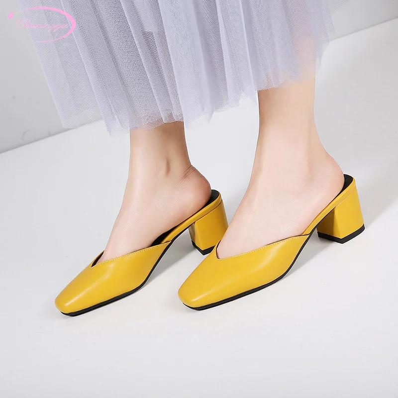 

Korea casual style square toe summer cool slippers fashion slip-on white black yellow medium heel thick women's shoes