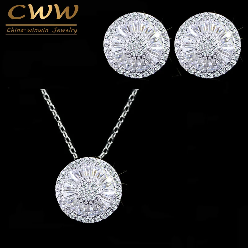 CWWZircons высокое качество CZ Кристалл Женская Модная бижутерия блестящий круглый кубический циркон ожерелье и серьги ювелирный набор T039