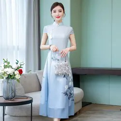 Лето 2019 г. Улучшенная О образным вырезом женское платье Китайский классический кружево вышивка cheongsam Азиатский невесты тост платья для