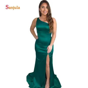 

One Shoulder Formal Dresses for Women Simple Sheath Emerald Green Satin Evening Dresses Leg Slit Open Back Prom Gowns D650