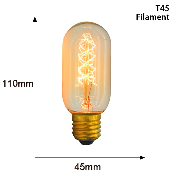 Винтажный светильник, лампочка эдисона, лампа Эдисона 40 Вт, 220 В, ST64, T45, G80, G95, G125, ампульная нить, E27, светильник, лампочка, ретро ампула - Цвет: T45 Spiral
