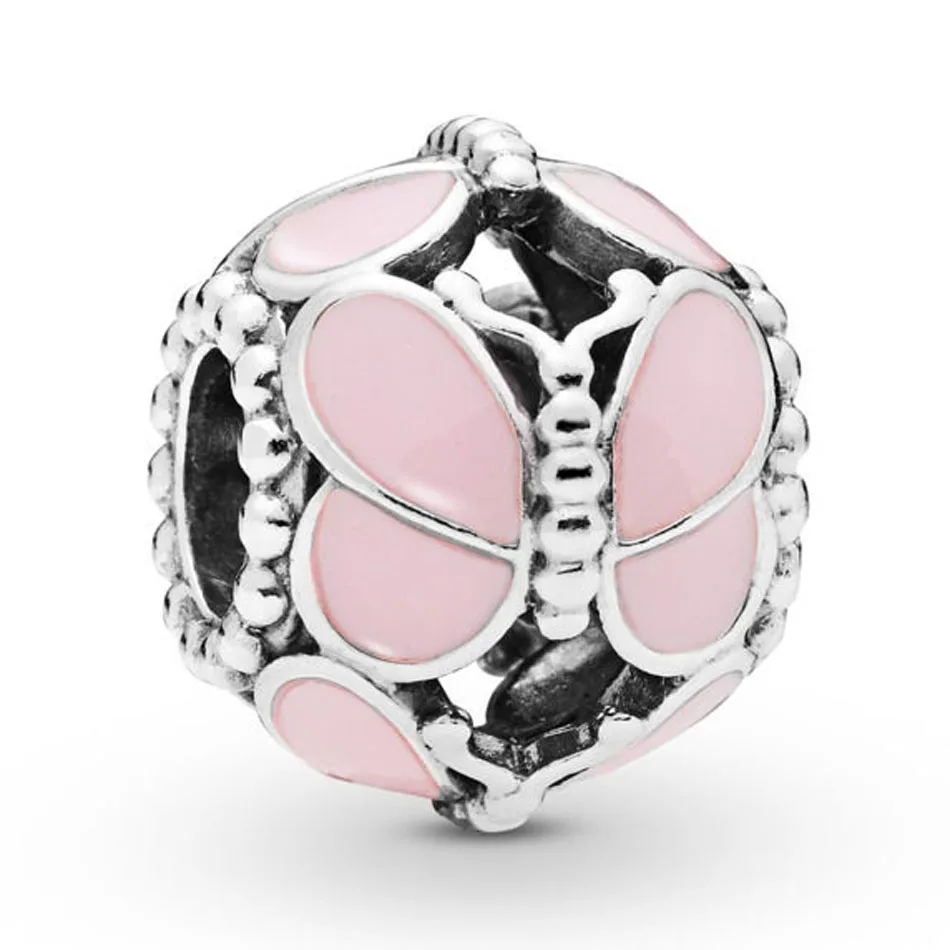 

Authentic S925 Sterling Silver DIY Jewelry Pink Butterflies Charms fit Lady Bracelet Bangle Openwork