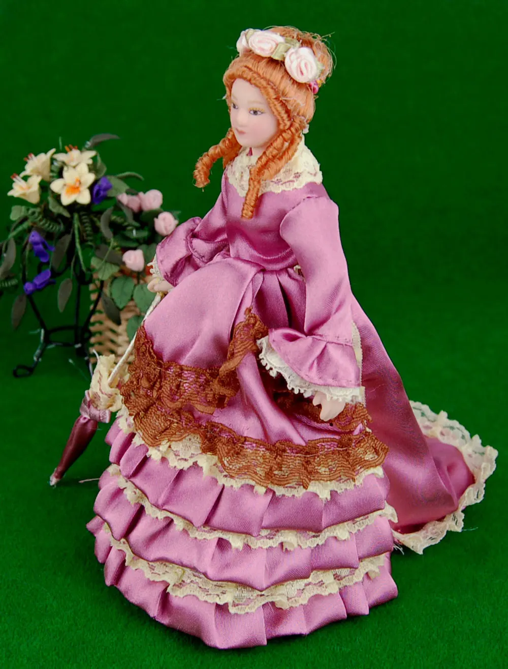 

6.7" 1:12 Dollhouse miniature Mini Dolls Rose headdress Pink skirt Retro Lady