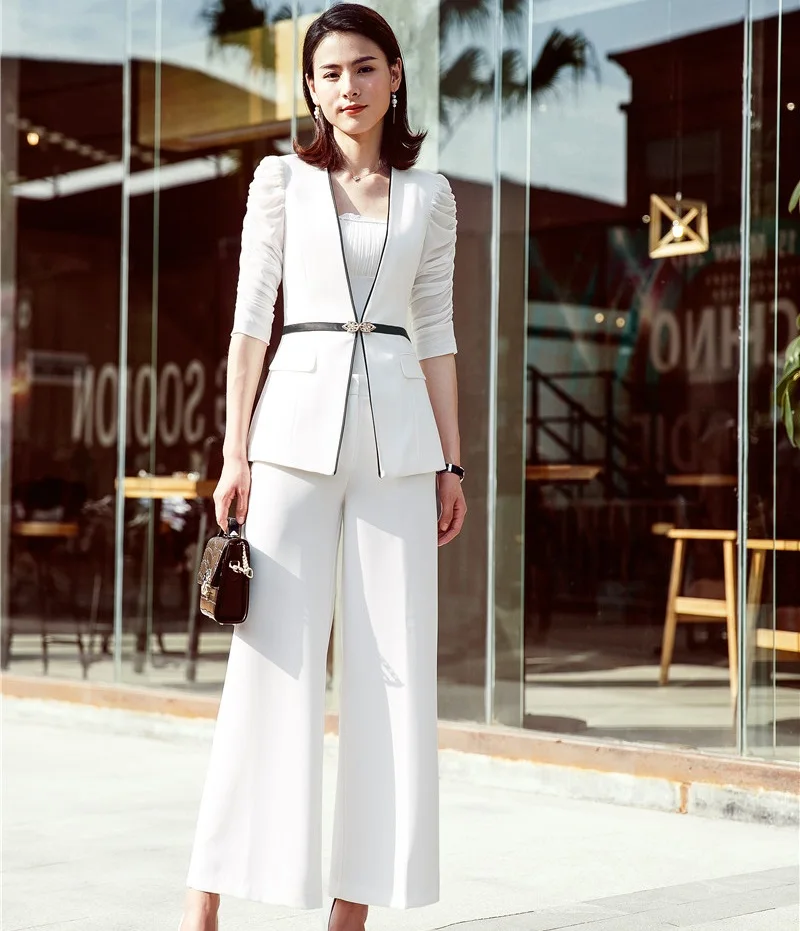 

Formal Uniform Designs Half Sleeve Two Pieces Ladies Business Suits With Tops And Legged Pants Elegant White Female Pants Suits