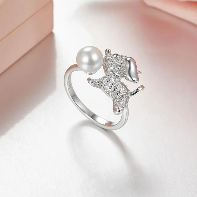 

SLJELY Cute Animal Pet Dog Ring 925 Sterling Silver Zircon CZ Pearl Opening Ring for Dog Parent Women Girl Jewelry Gift