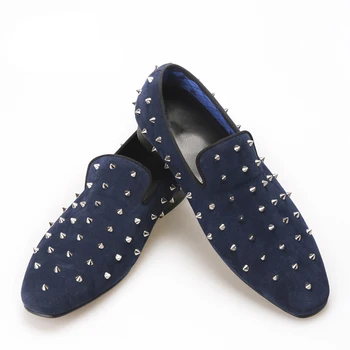 

summer style Handmade Navy Suede men shoes with Silver Rivet Fashion smoking slipper Prom Banquet loafers men dress shoes