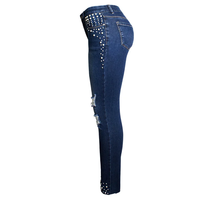 European station Europe and the United States new hole pearl cat toe cowboy high waist pants feet beaded straight jeans (12)