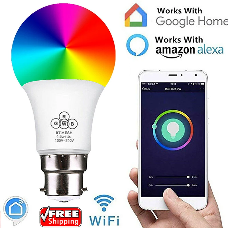 

B22 Smart Remote Bluetooth Magic RGB LED Light Bulb 16 Color Change Dimmable Smart WIFI UK Plug Socket for Alexa Google Home