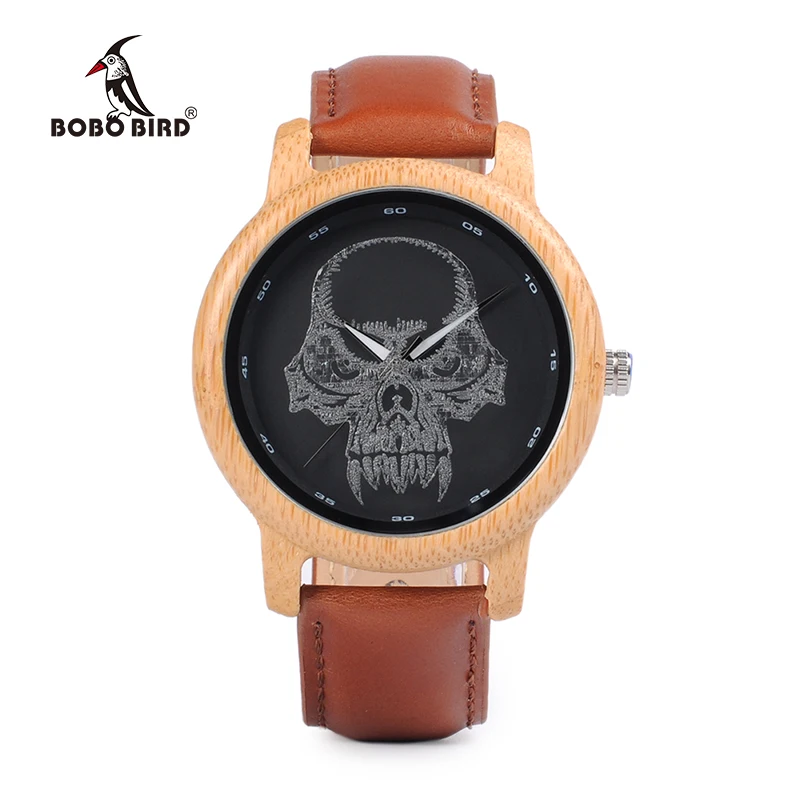 BOBO BIRD wholesale Bamboo Wooden Watches Mens Womens wood skull Quartz Watch In Gift Box