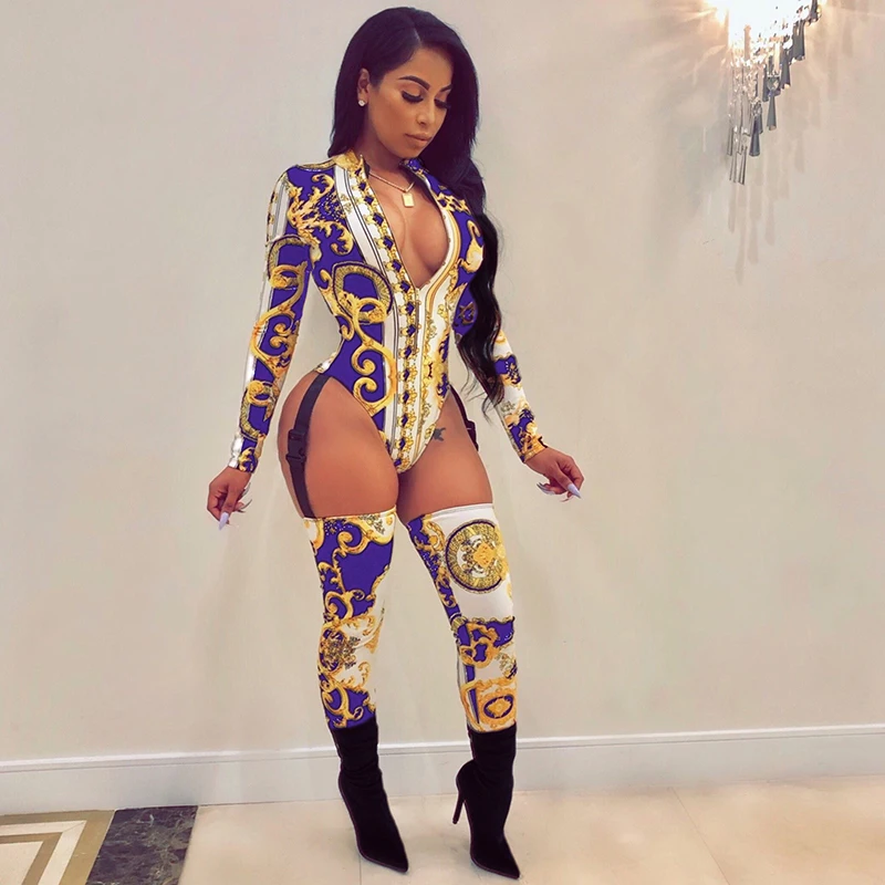 

Women Retro Print Cut Out Bandage Jumpsuit Long Sleeve Party Slim Rompers Winter Bodycon Printed Bodysuits Rompers Jumpsuit