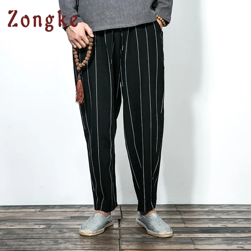 Zongke китайский стиль полосатые льняные Мужские штаны Jogger уличная мужские прямые брюки хип хоп Джоггеры мужские брюки XXXL - Цвет: Black