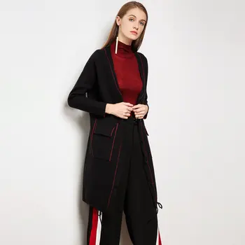 

High Quality Women Wool Cardigans 2019 Autumn Winter Long Knitting Overcoats Female Black V-neck Outwear Sweaters