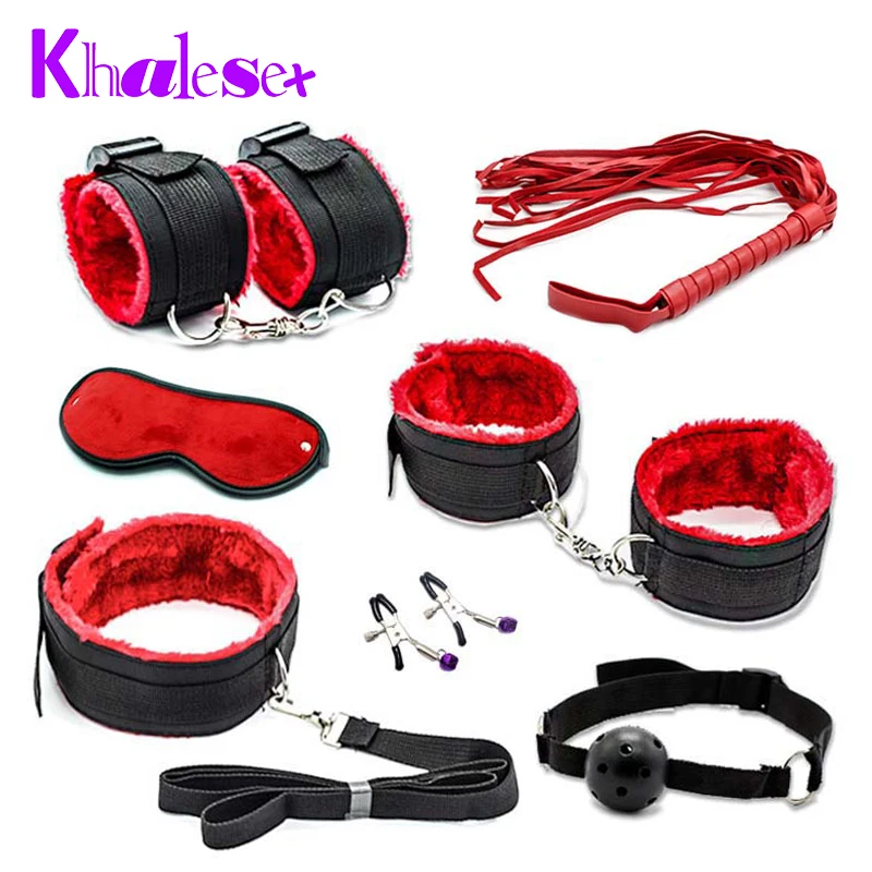Khalesex 7 Pcs Set Fetish Sex Bondage Woman Slave Restraint Adult Sex Toys for Couples Handcuffs Nipple Clamps Whip Erotic Toys adult sex products bondage restraints 10 pieces set sex toys for couples handcuffs whip gag for adult slave game erotic toys