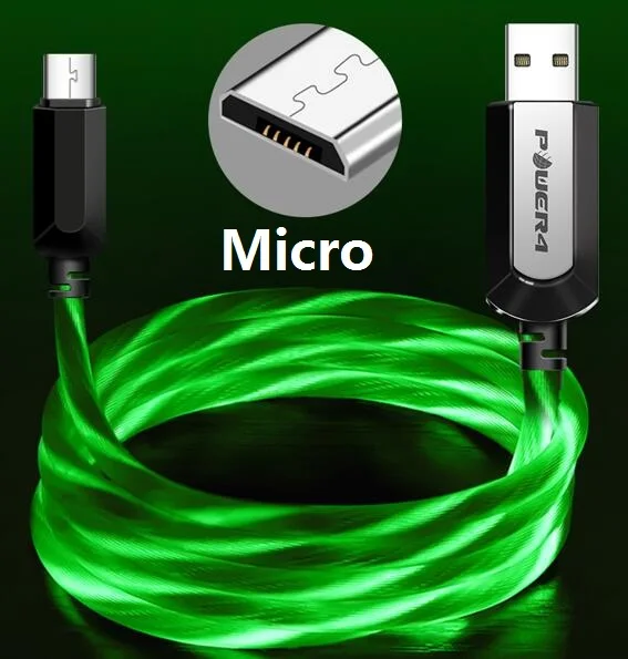 Power4 с подсветкой Micro USB C зарядный кабель для iPhone samsung Led usb type-C зарядный провод для Lightning Apple светящийся кабель - Цвет: Micro-Green