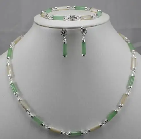 

Selling Jewelry>>>White Sea Shell+Green Jades 925 Sterling Silver Earring Bracelet Necklace Set