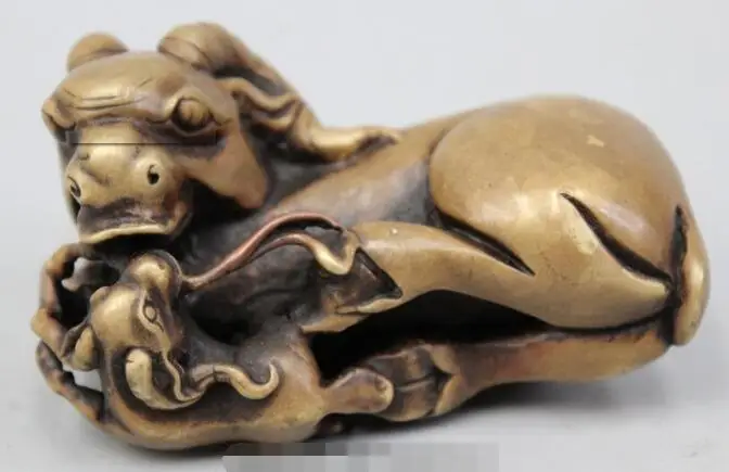 

S02289 Chinese Folk Feng Shui Bronze Wealth Zodiac Year mother and son Sheep Statue B0403