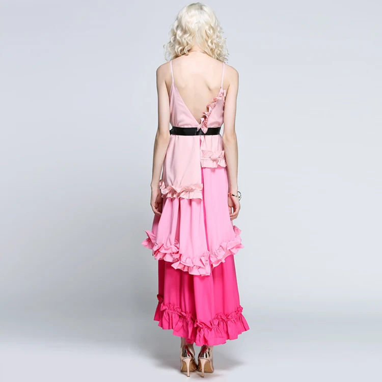 Высокое качество Новая мода лето дизайнерское подиумное платье женские спагетти ремень градиентные цвета каскадные оборки разрезное платье