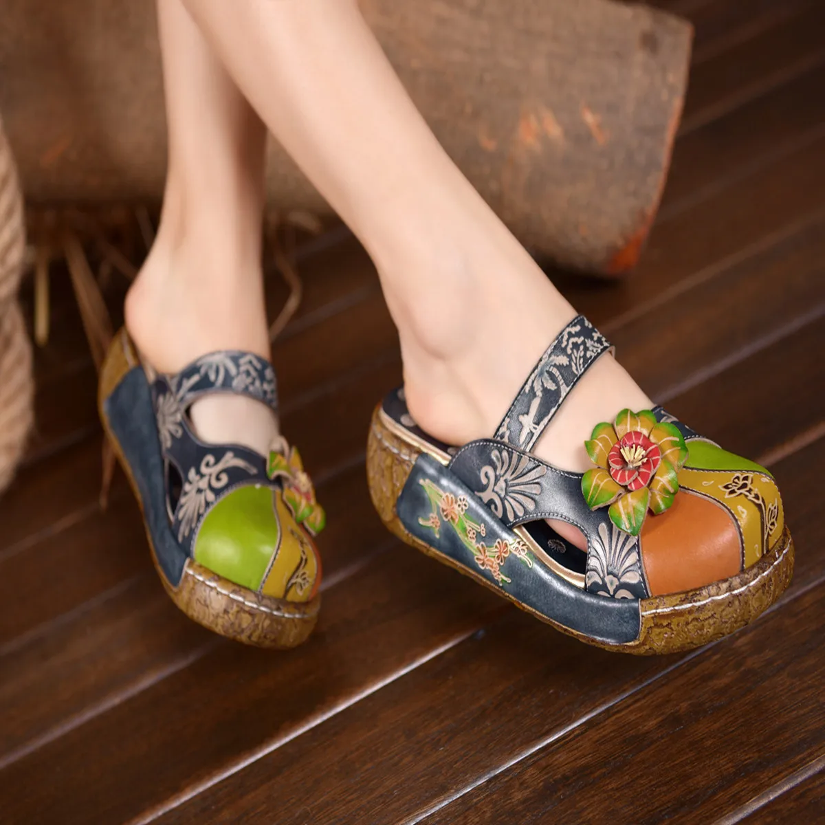 Johnature сандалии с аппликацией в стиле ретро; Новинка года; женская летняя обувь из натуральной кожи; женские сандалии в богемном стиле с цветами