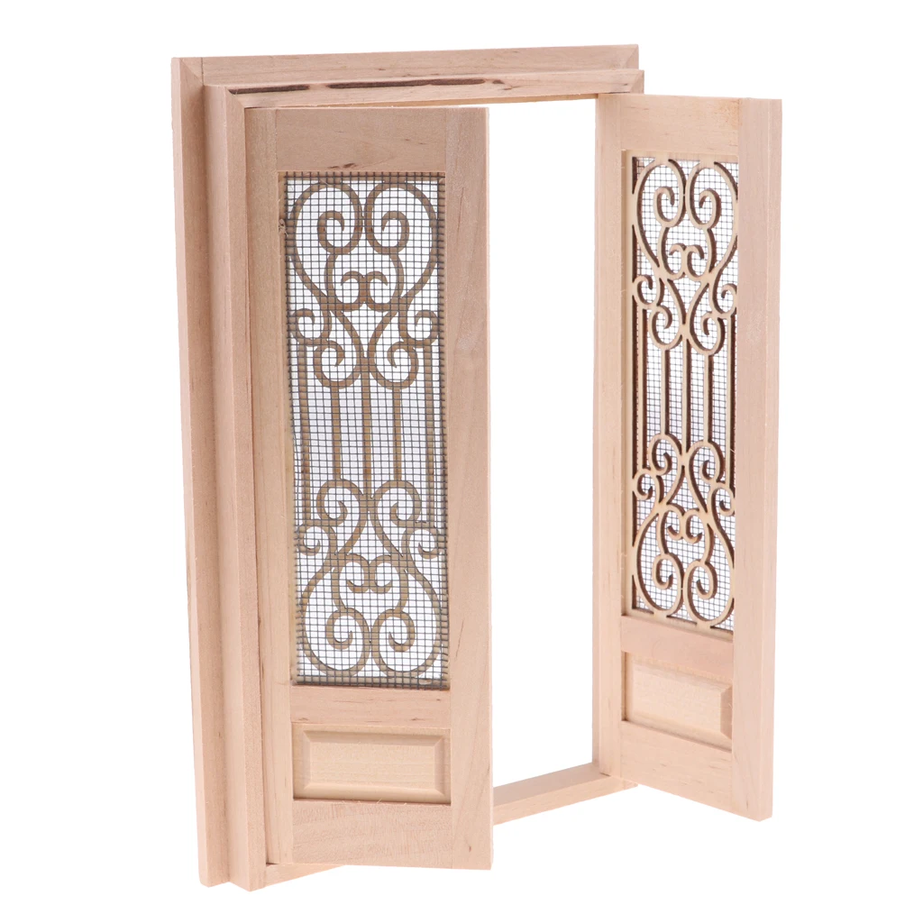 Wooden Miniature Hollow Screen Double Door And Window Diy For 1 12