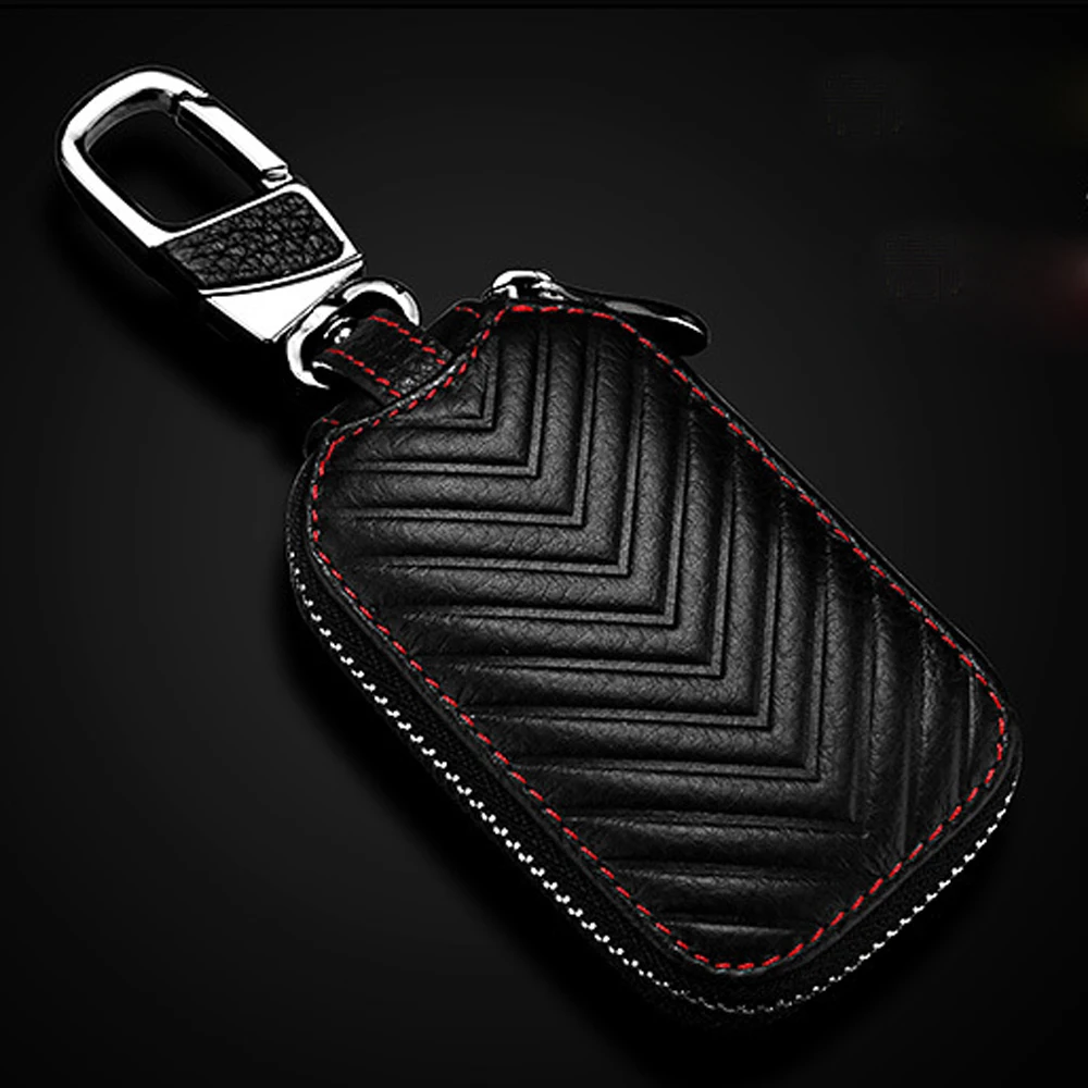 

Car Remote Key Holder Cover Chain Bag Leather+Alloy Fob Pouch Protector Black