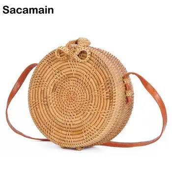 

Bali Island Hand Woven Bag Round Butterfly Buckle Rattan Straw Bags Bohemia Beach Circle Bag Beach Woven Round Straw Cross Bag