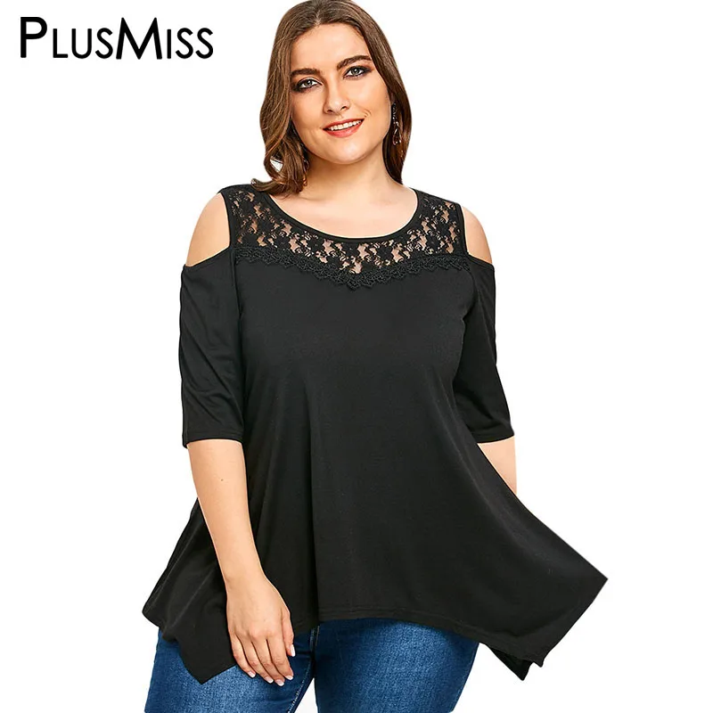 PlusMiss Plus Size 5XL Sexy Cold Shoulder Lace Blouse Women Clothing ...