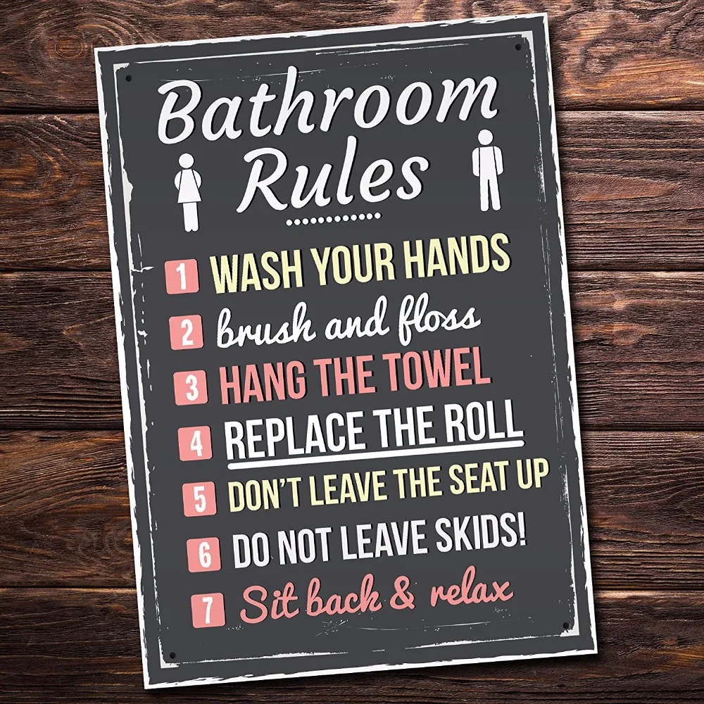 Metal Sign Kitchen Bathroom Rules Replacing Loo Roll Funny Plaque Shabby Chic