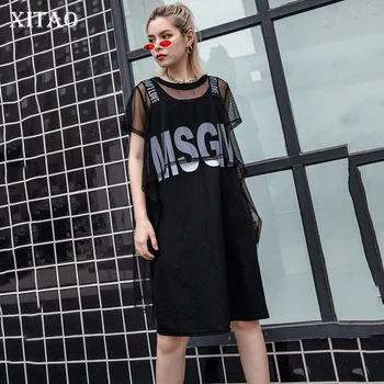 

[XITAO] New Women Korea Fashion 2019 Summer O-neck Short Sleeve Loose Dress Female Print Letter Knee-length Casual Dress ZLL3624