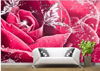 

Custom 3d Mural Wallpaper Water rose butterfly love flower 3D TV background wall 3D Mural Wall Paper