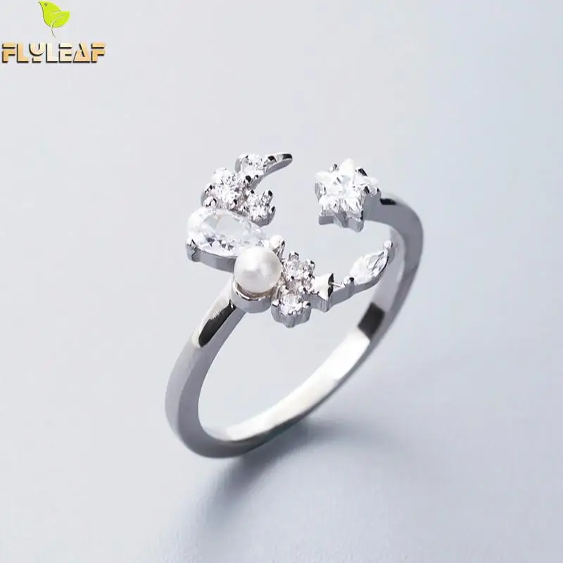 

Flyleaf Cubic Zirconia Shell Pearl Star Moon Open Rings For Women Luxury 100% 925 Sterling Silver Fashion Jewelry