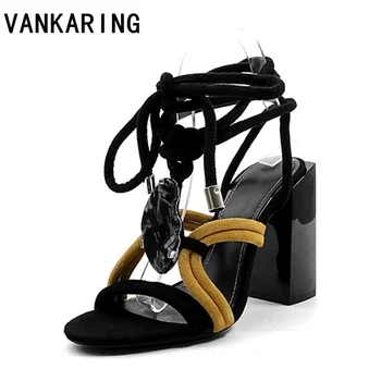 

VANKARING new fashion suede leather summer shoes woman platform sandals high heel cross-tied open toe ladies dress dancing shoes