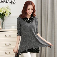 AREALNA, новинка, Корейская Осенняя Футболка с имитацией двух частей, Повседневная Свободная футболка с оборками, женские топы размера плюс, 5XL, blusas camisetas
