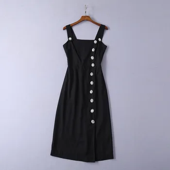 

European and American women's clothing 2019 summer new style Nail bead Fashion condole belt Sleeveless black dress