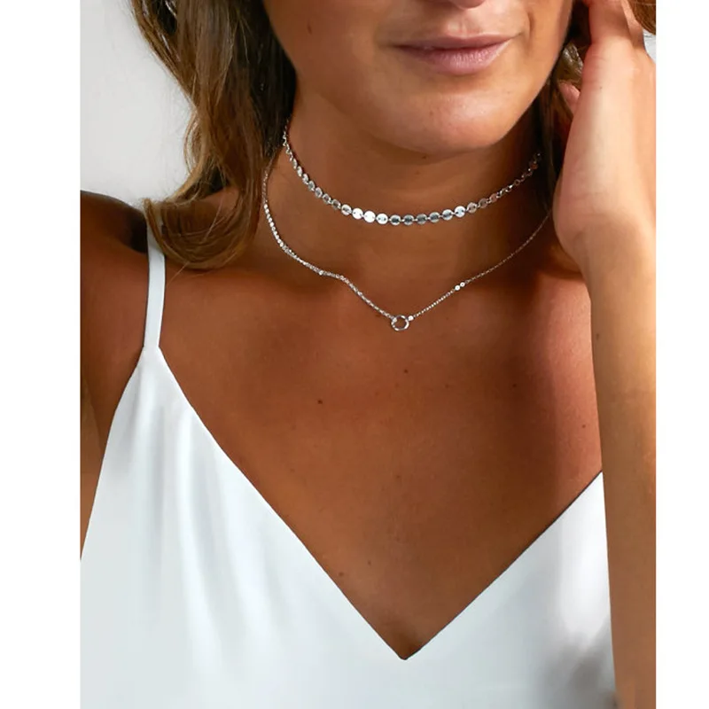 

Mossovy Trendy Sequinned Double Chain Necklace Women Accessories Layered Necklace Minimalist Jewelry Female Bijoux Femme Bijoux