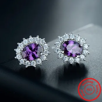 

Modian Wedding New 2017 Fashion Classic Stud Earrings Luxury Purple Crystal Solid 925 Sterling Silver Earring Quality Jewelry