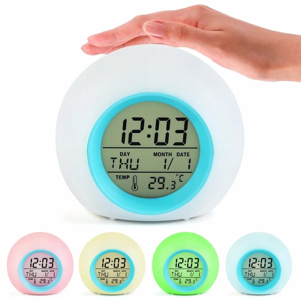 

LED 7Colors Change Night Glowing Digital Alarm Clock Natural Sounds nixie table watch electronic desk clock for kids alarm clock